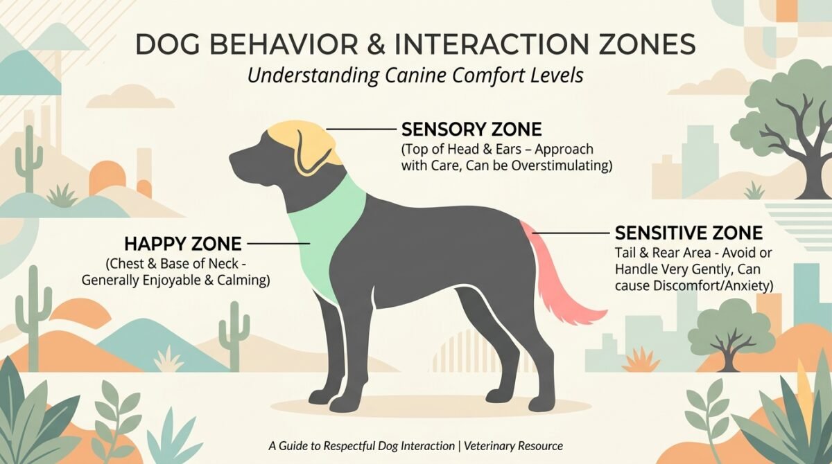 Dog Petting Guide: Infographic showing the 'Green Zones' like the chest and 'Yellow Zones' like the top of the head t...