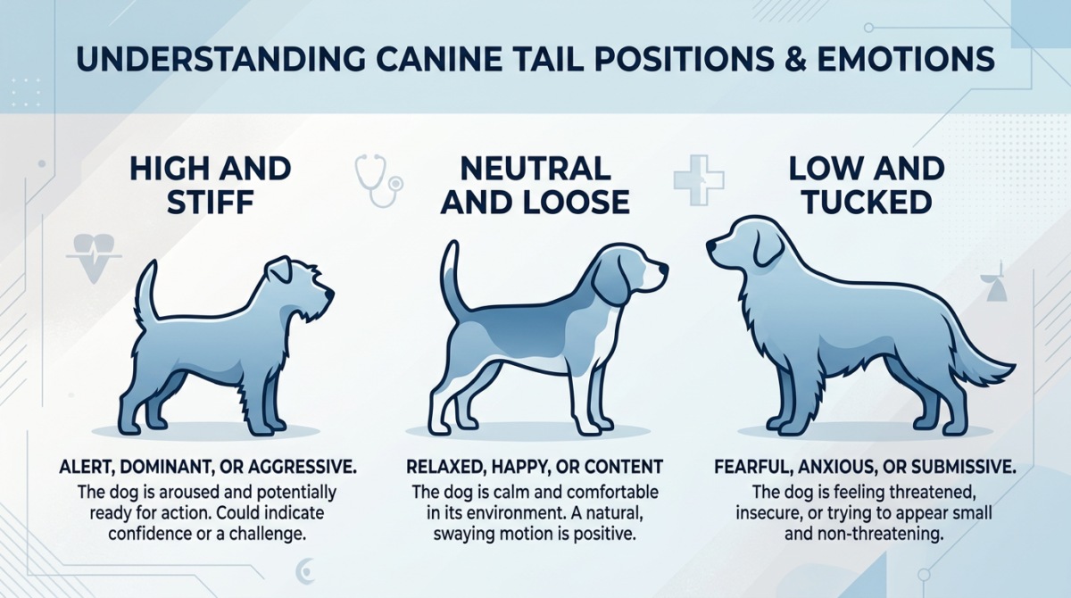 Infographic showing dog tail wagging direction: Right wag indicates positive emotions/approach, Left wag indicates negative emotions/withdrawal