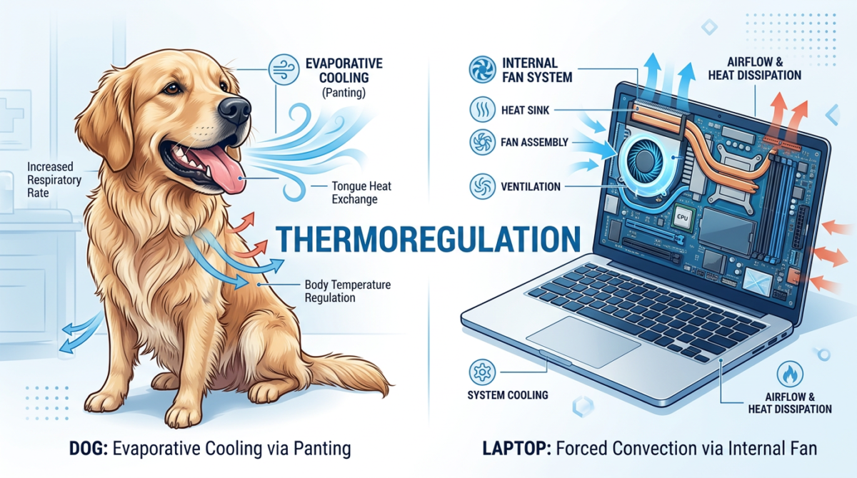 A side-by-side comparison of a dog panting and a laptop cooling fan, illustrating the concept of thermoregulation. - ...