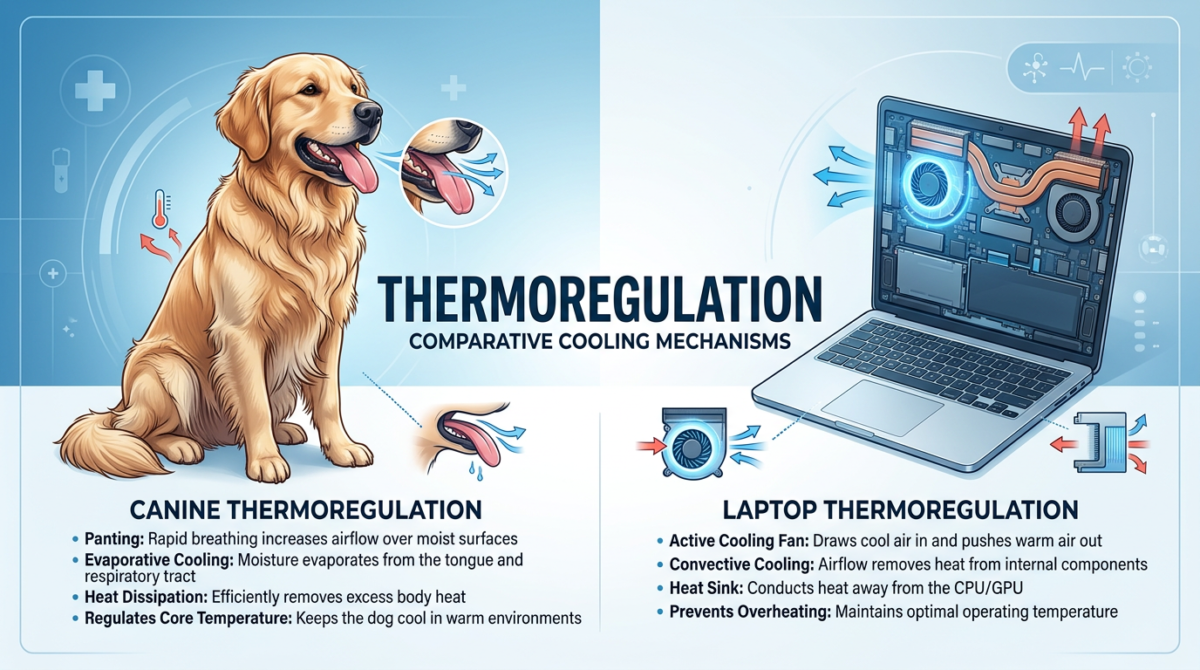 why is my dog breathing heavy A side-by-side comparison of a dog panting and a laptop cooling fan, illustrating the concept of thermoregulation.