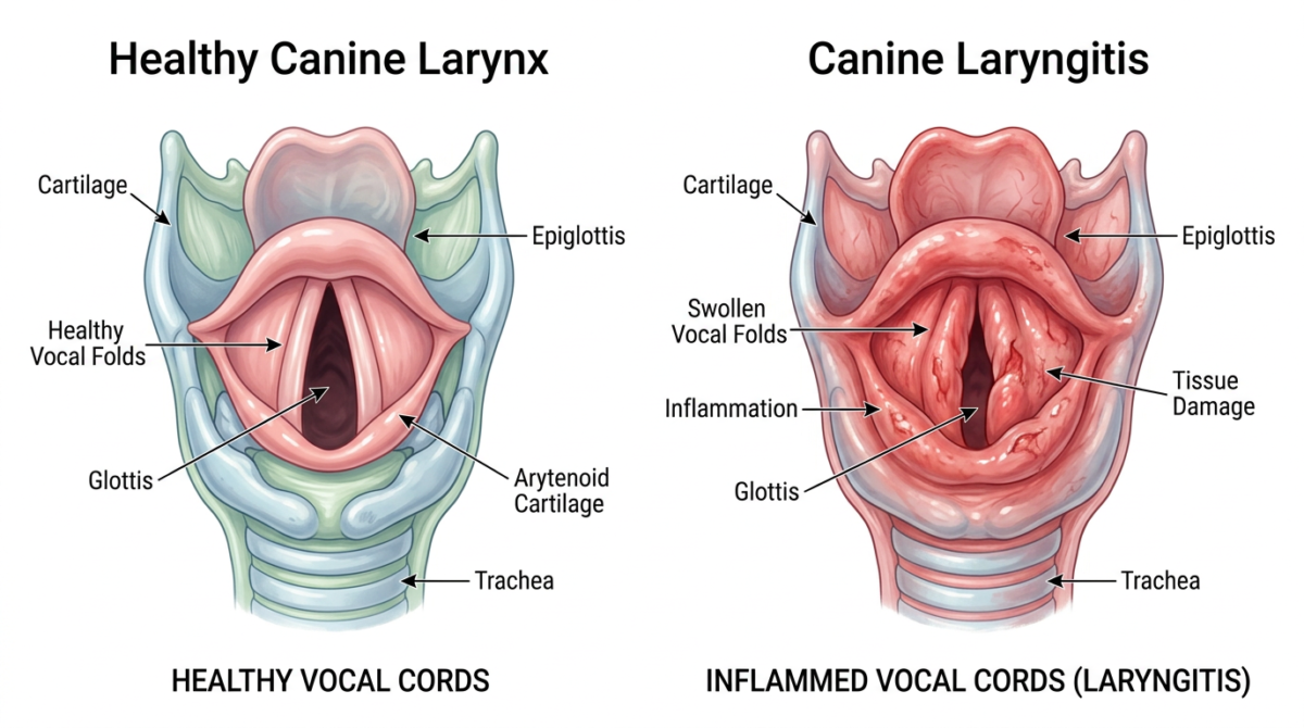 Comparison between healthy canine vocal cords and inflamed vocal cords due to excessive barking. - do dogs get tired ...