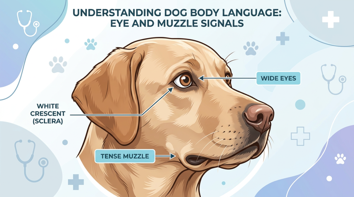 Dog Whale Eye Diagram: Identifying the white sclera and tense facial muscles in a stressed dog.