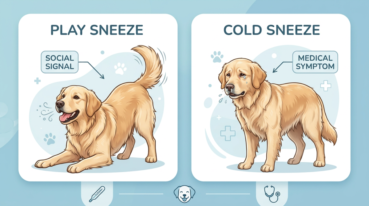 Infographic comparing a playful dog sneeze with a cold or allergy sneeze.