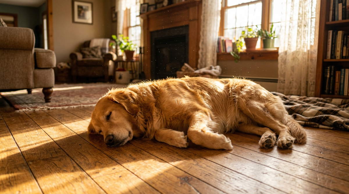 一只金毛猎犬在温暖的午后阳光下侧卧酣睡,身体完全放松,腿部自然伸展。 - dog sleeping positions