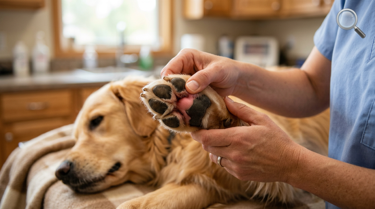 Owner checking a dog's paw pads for redness or debris - Why Do Dogs Lick