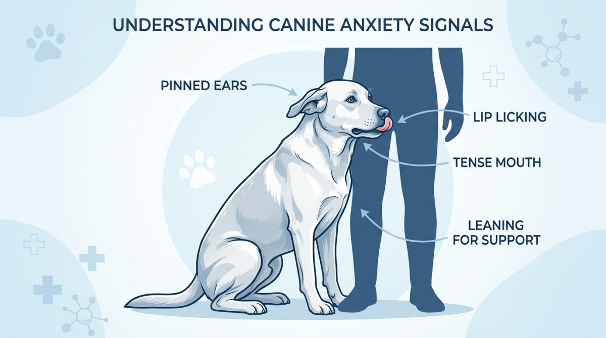 Infographic showing common signs of dog anxiety including leaning, lip licking, and whale eye - Dog leaning on me]
