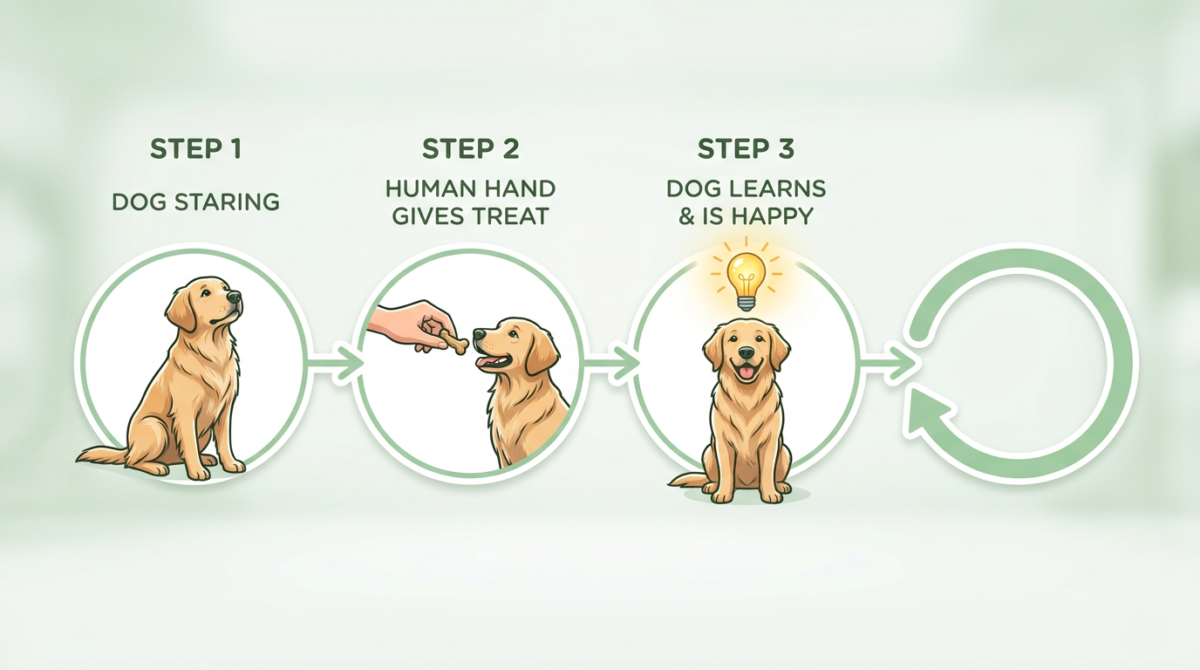 Infographic showing the reinforcement cycle: Dog stares -> Owner gives treat/pet -> Dog learns staring works -> Dog stares more often.