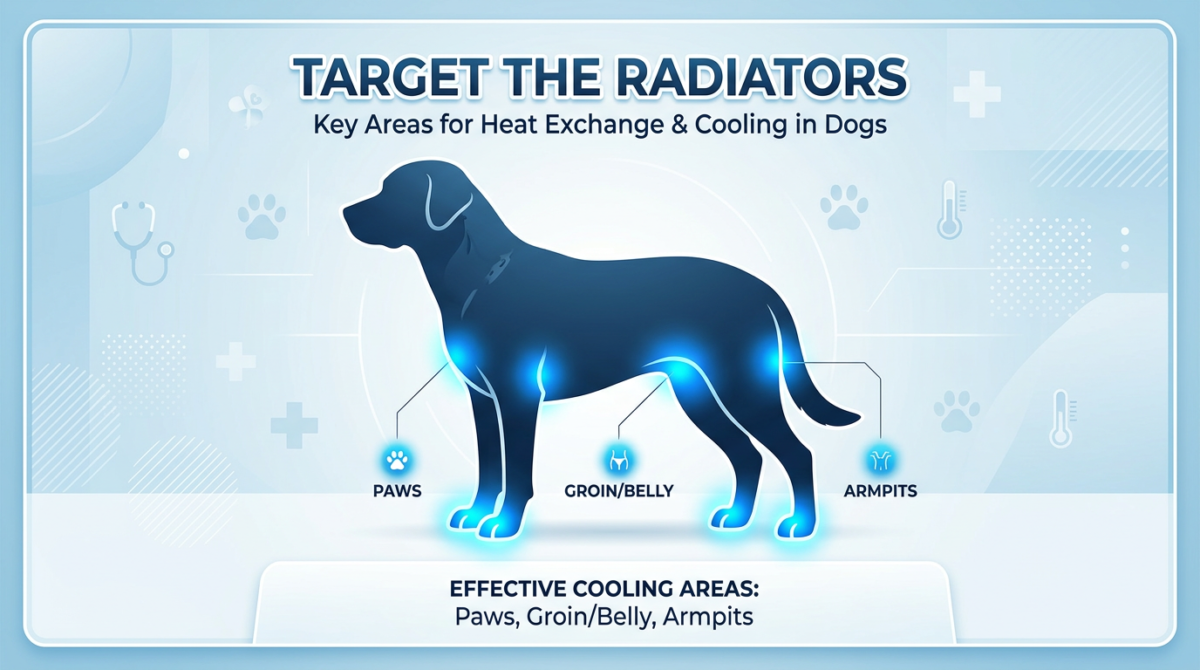 Diagram of a dog showing the best spots to apply cool water: paws, belly, and armpits.