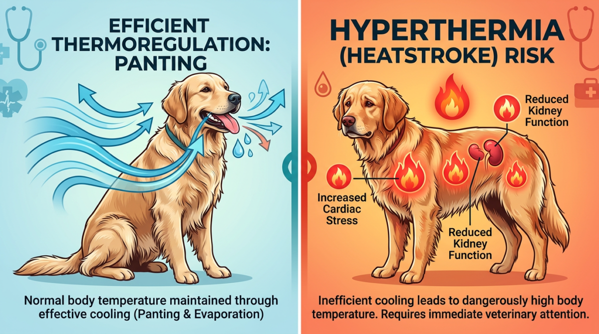 Infographic showing a healthy dog's cooling process vs an overheating dog's organs struggling with heat. - Dog pantin...