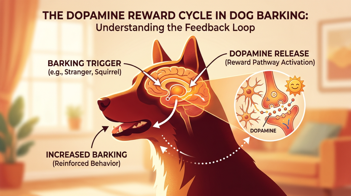 Diagram showing the neurological feedback loop of barking and dopamine release in a dog's brain