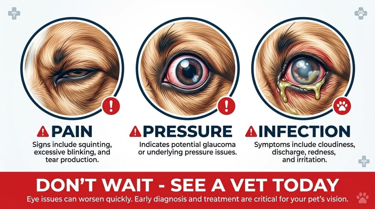 Emergency Red Flags for Dog Eyes: Infographic showing Squinting, Bulging, and Color Change as reasons to visit the ve...