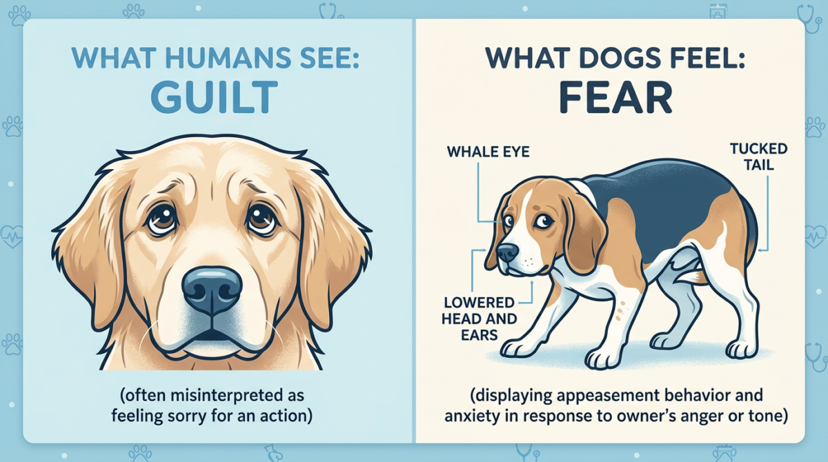 Comparison chart of "Guilty" vs "Fearful" dog body language, highlighting whale eye and pinned ea...