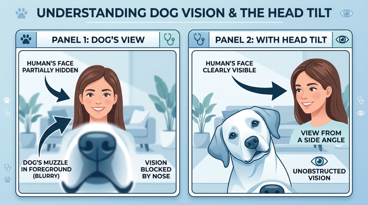 Infographic showing how a dog's snout can block their vision and why a dog head tilt helps them see a human's face more clearly.