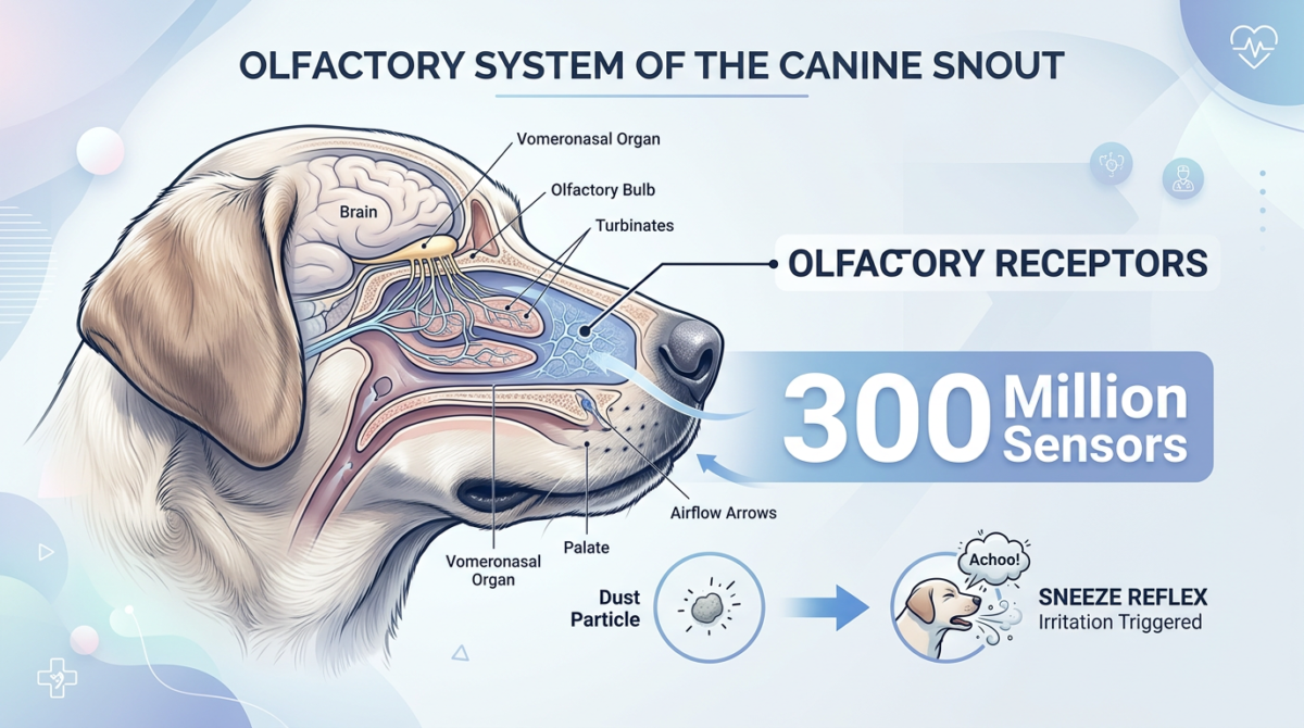 Infographic showing the sensitive anatomy of a dog's nose and why dust triggers a play sneeze.