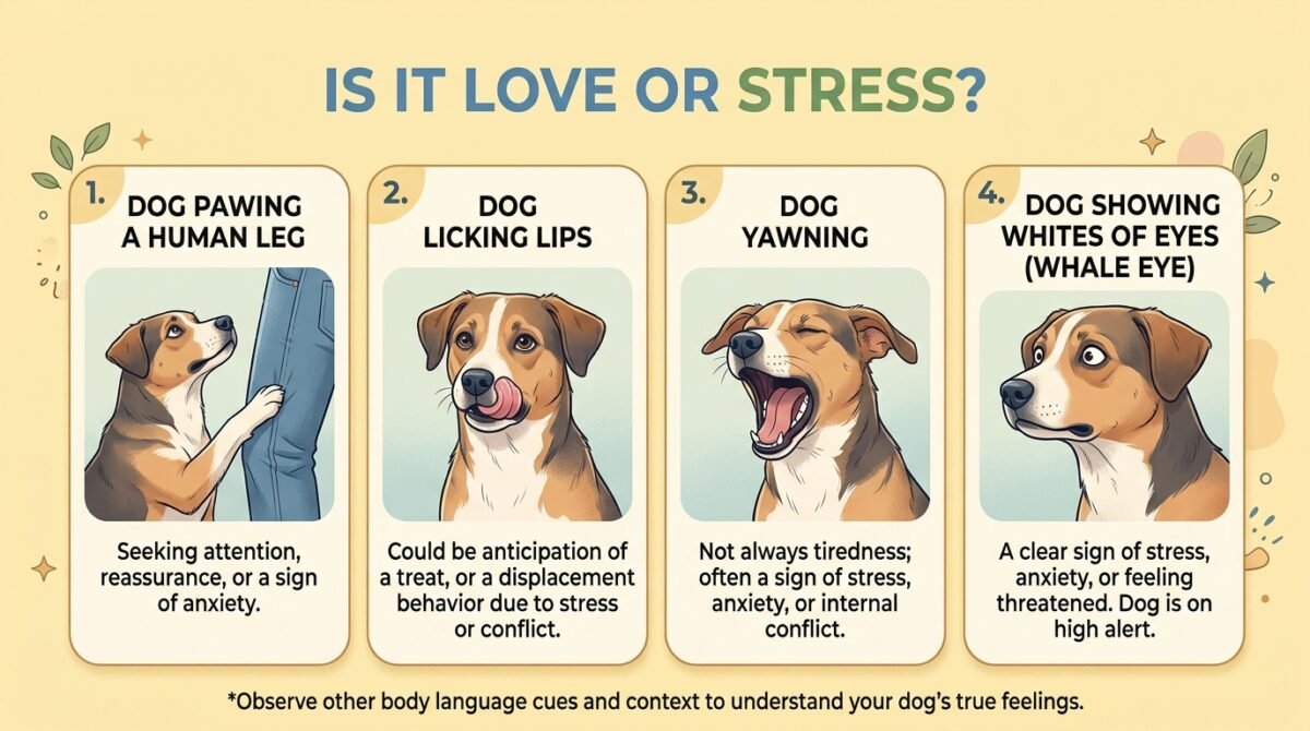 Recognizing Stress in Dogs: A chart showing pawing combined with lip licking, yawning, and whale eye as signs of anxiety.