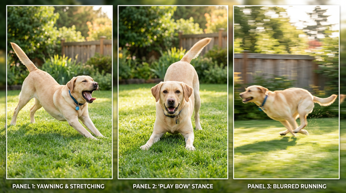 Sequential photos of a dog waking up, performing a deep stretch, and then transitioning into a high-speed morning zoomie.