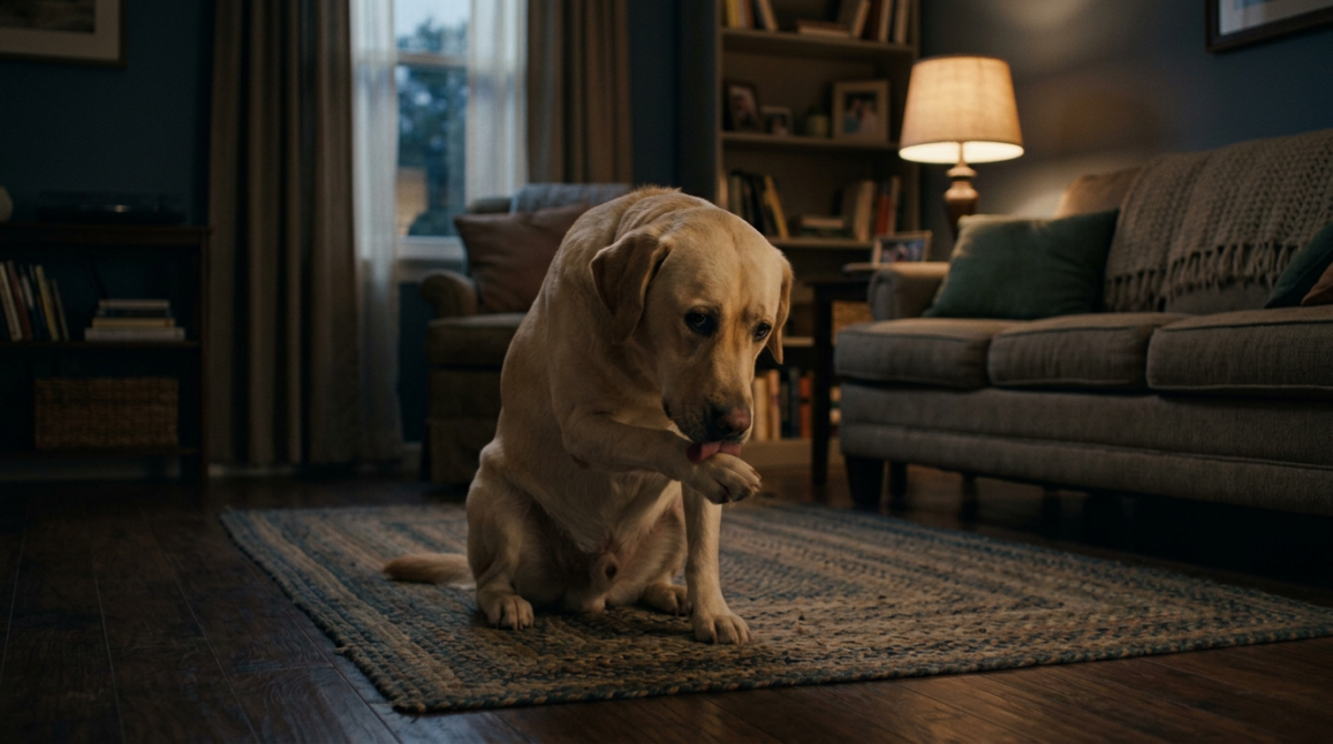 A stressed dog curled in a corner obsessively licking its front paw with ears tucked back - why do dogs lick