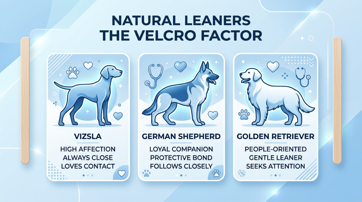Infographic showing different dog breeds known for leaning behavior, like Golden Retrievers and German Shepherds. - D...