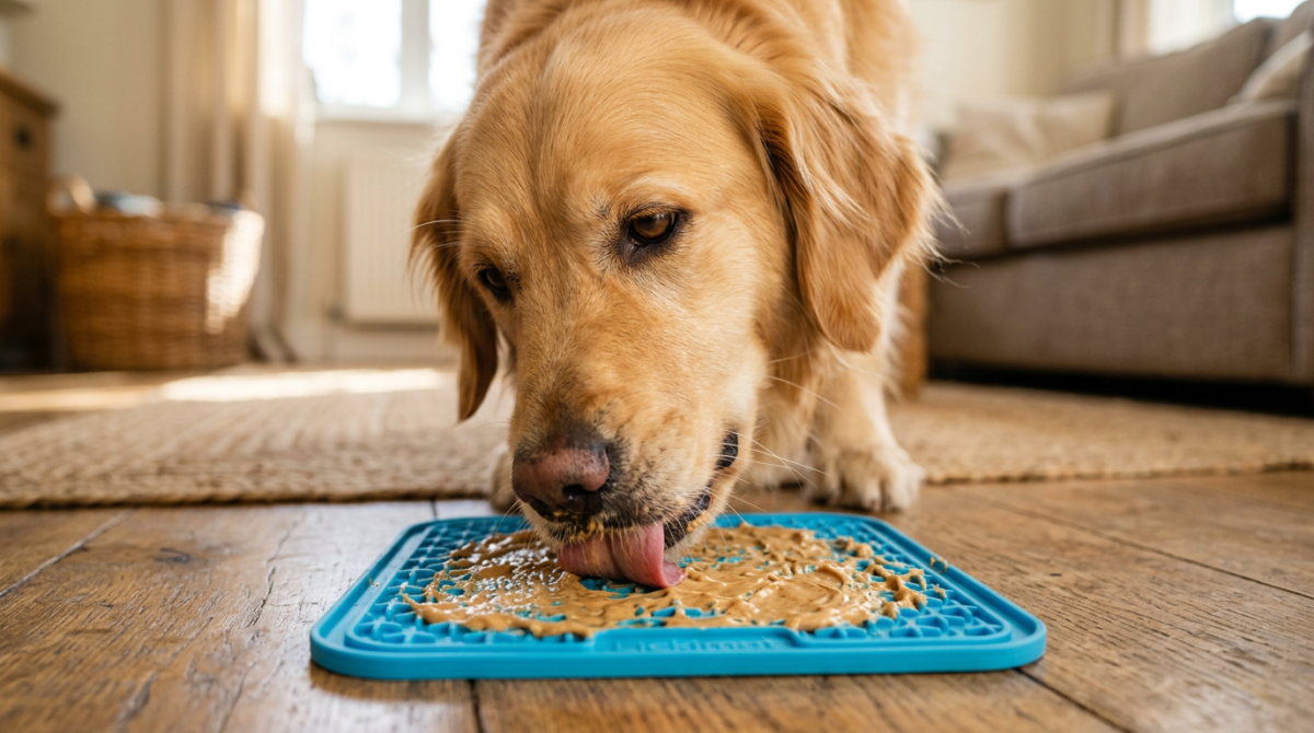 A calm dog focused on a silicone lick mat, illustrating how it helps reduce anxiety-induced panting.