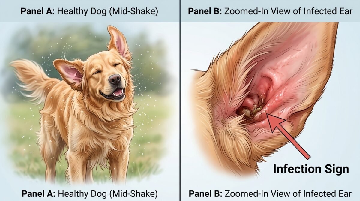 Visual guide comparing a healthy 'reset shake' with medical warning signs like redness, discharge, and persistent scr...