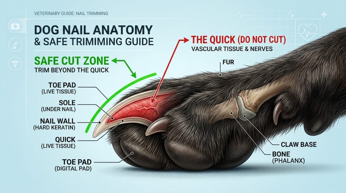 Dog Nail Trimming Guide: Illustration showing the correct angle to cut nails and how to avoid the "quick" (nerve and blood vessel).