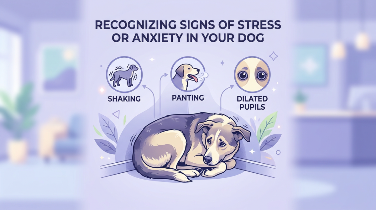 Visual guide showing a dog's reaction to fireworks: shaking, heavy panting, and seeking hiding spots.