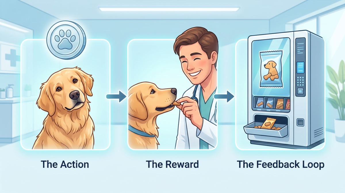 Infographic comparing a dog's head tilt to a vending machine, explaining operant conditioning in a simple way. - dog ...