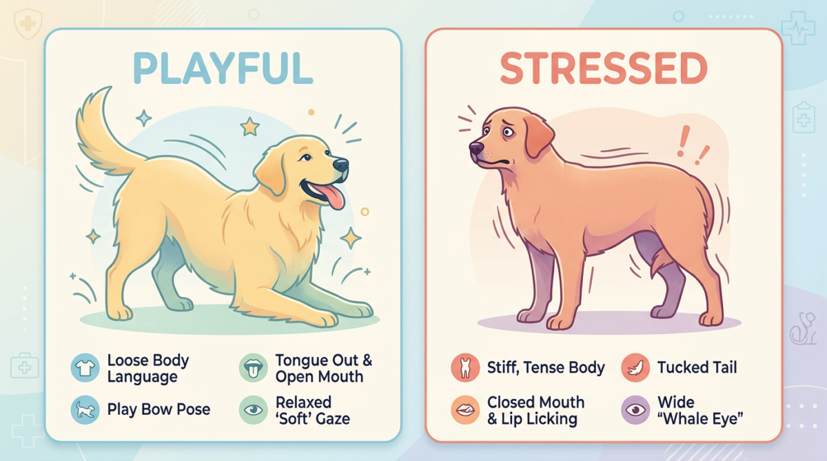 Dog Play vs Stress: Comparing playful side-eye with stressed dog whale eye signals.