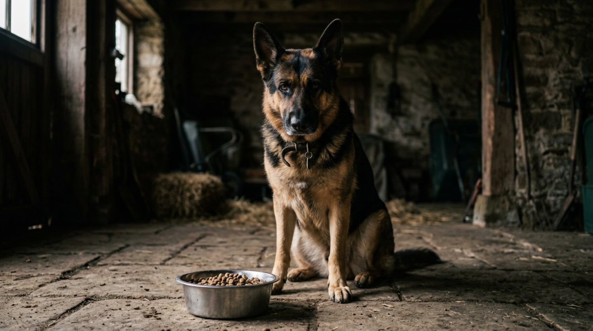 Signs of Resource Guarding: A dog hovering over a bowl with a stiff body, lowered head, and a fixed, hard stare at the camera.