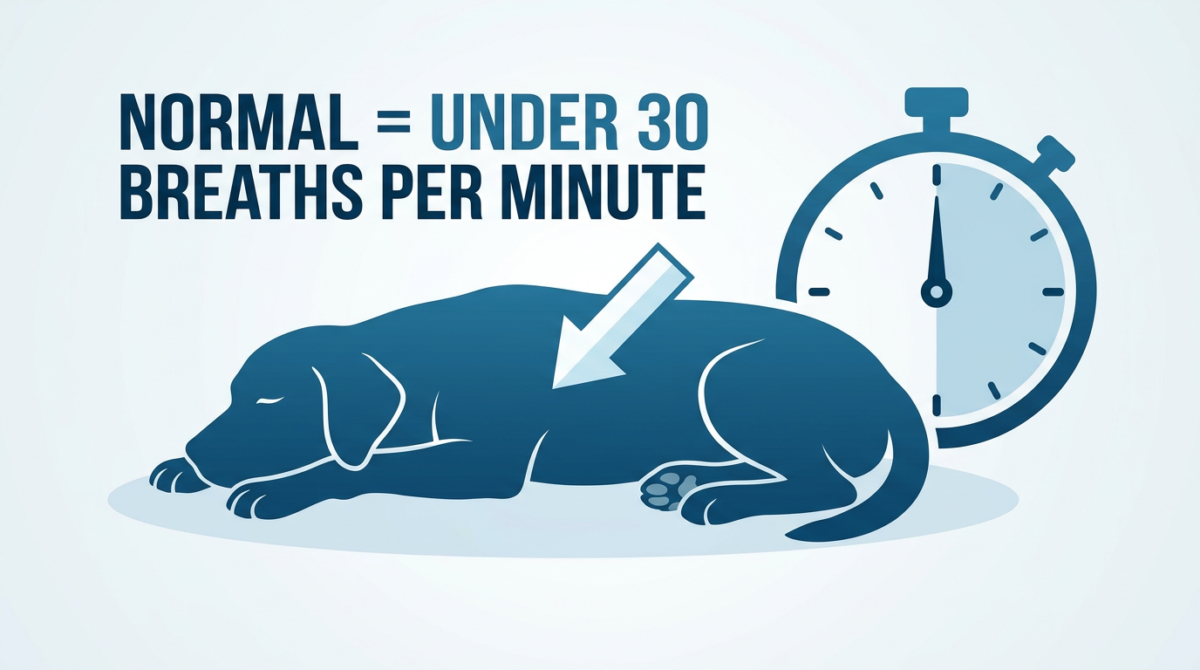 Visual guide on how to count a dog's Resting Respiratory Rate (RRR) while they sleep.
