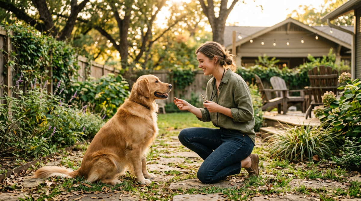 A dog owner in a sunlit Austin backyard using a whistle and high-value treats to reinforce quiet behavior.