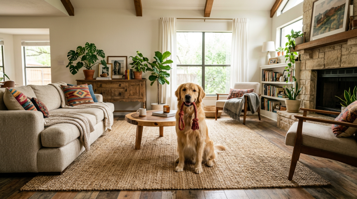 Dog Safety Setup: Non-slip rugs and cleared pathways to prevent injuries during morning zoomies.