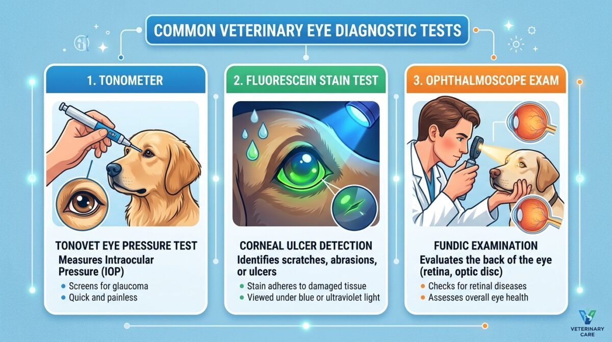 Essential Vet Eye Exam Tools: A guide showing the Tonometer (for pressure), Fluorescein Stain (for scratches), and Ophthalmoscope (for internal health).