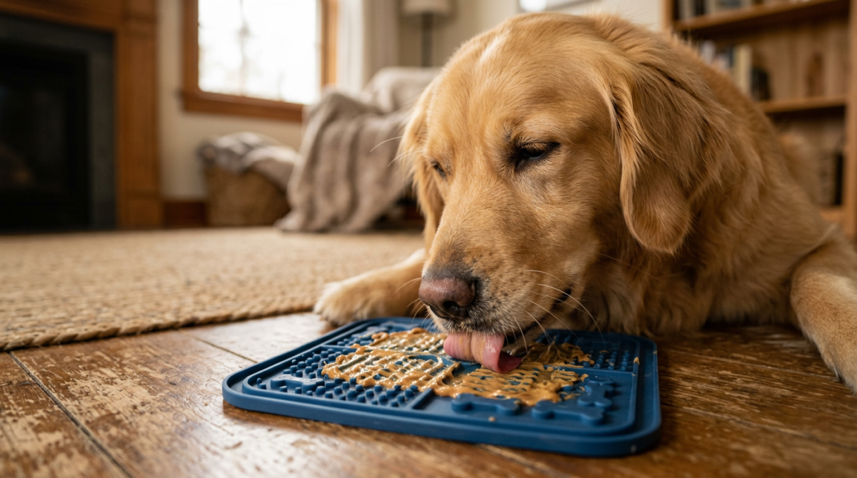 A calm dog focused on a lick mat, illustrating how licking helps lower the respiratory rate during anxiety. - Why is ...