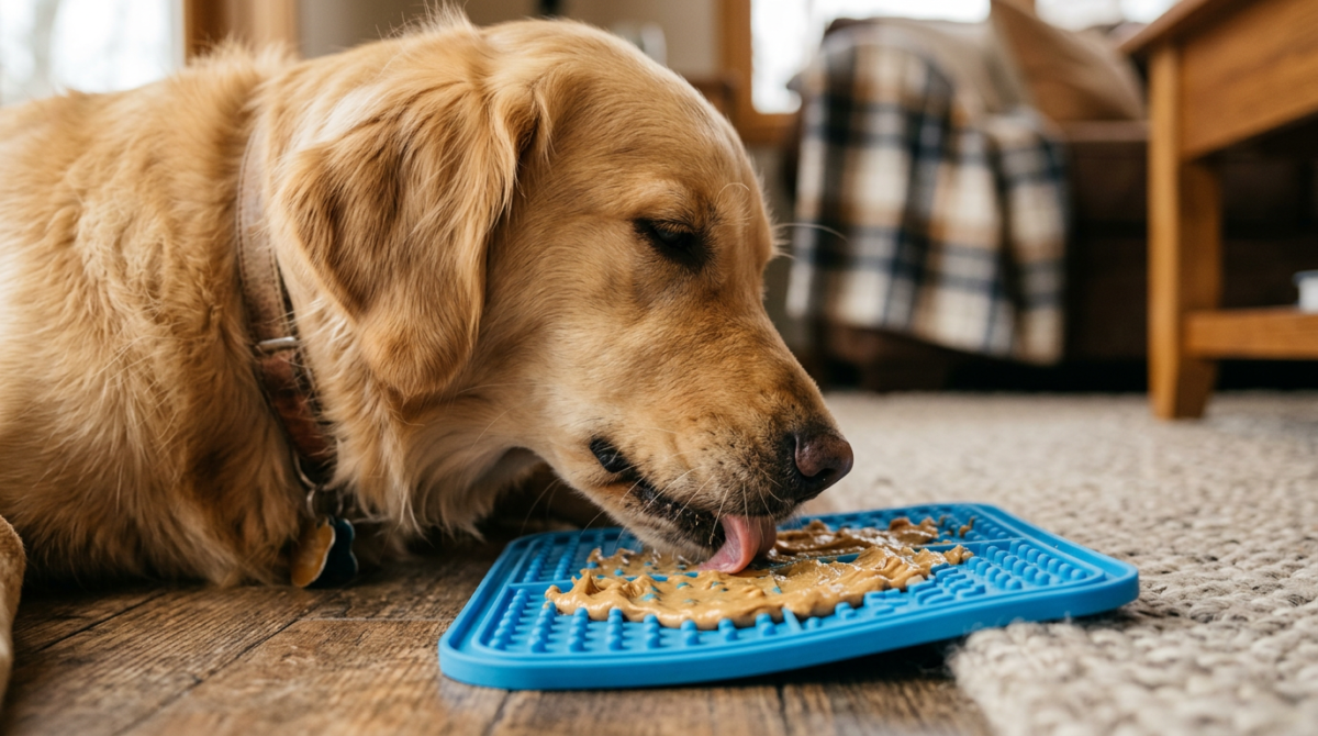 A calm dog focused on a lick mat, illustrating how licking helps lower the respiratory rate during anxiety.