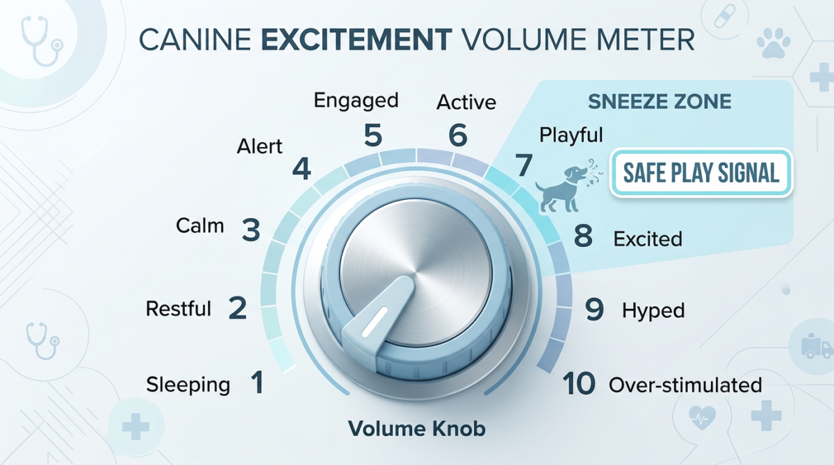 Infographic showing dog arousal levels from calm to over-stimulated, with sneezing as a "calming" indicator.