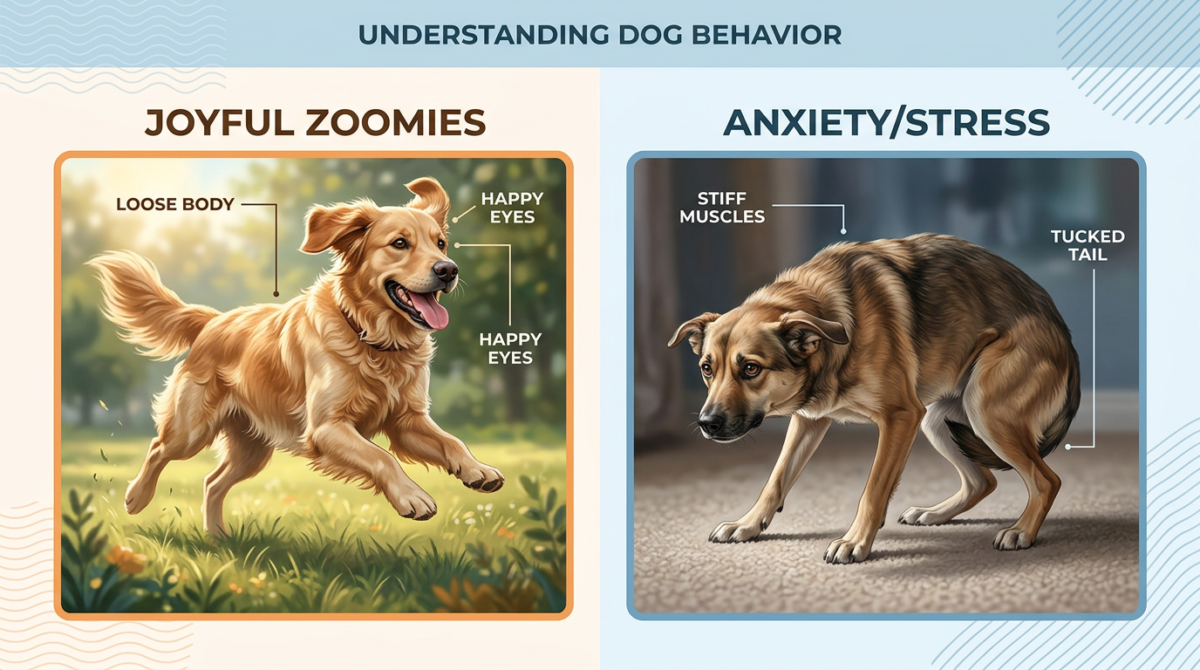 Dog Body Language Chart: Comparing Joyful Zoomies (relaxed face, play bow) to Stress-Driven Activity (stiff body, dilated pupils).