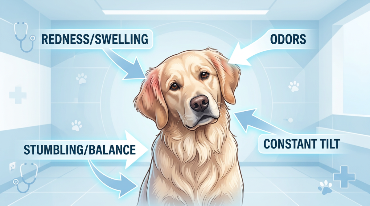 Infographic of dog head tilt red flags including ear redness, discharge, and stumbling.