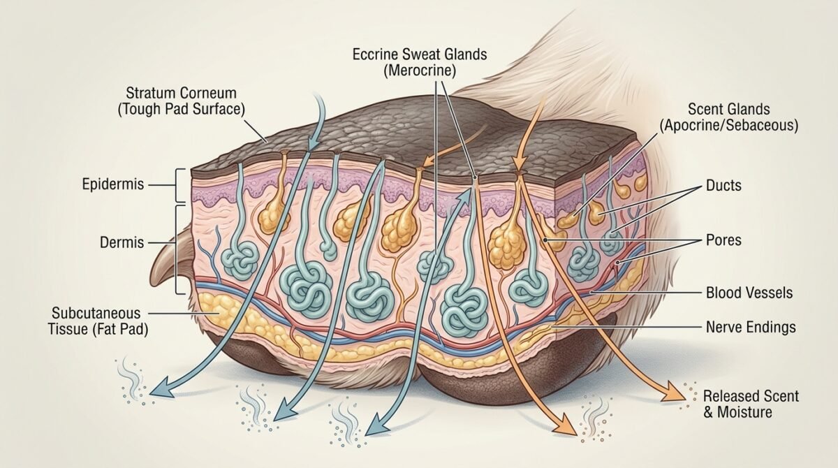 Diagram showing scent glands in a dog's paw pads and how pawing the ground spreads pheromones for territorial marking.