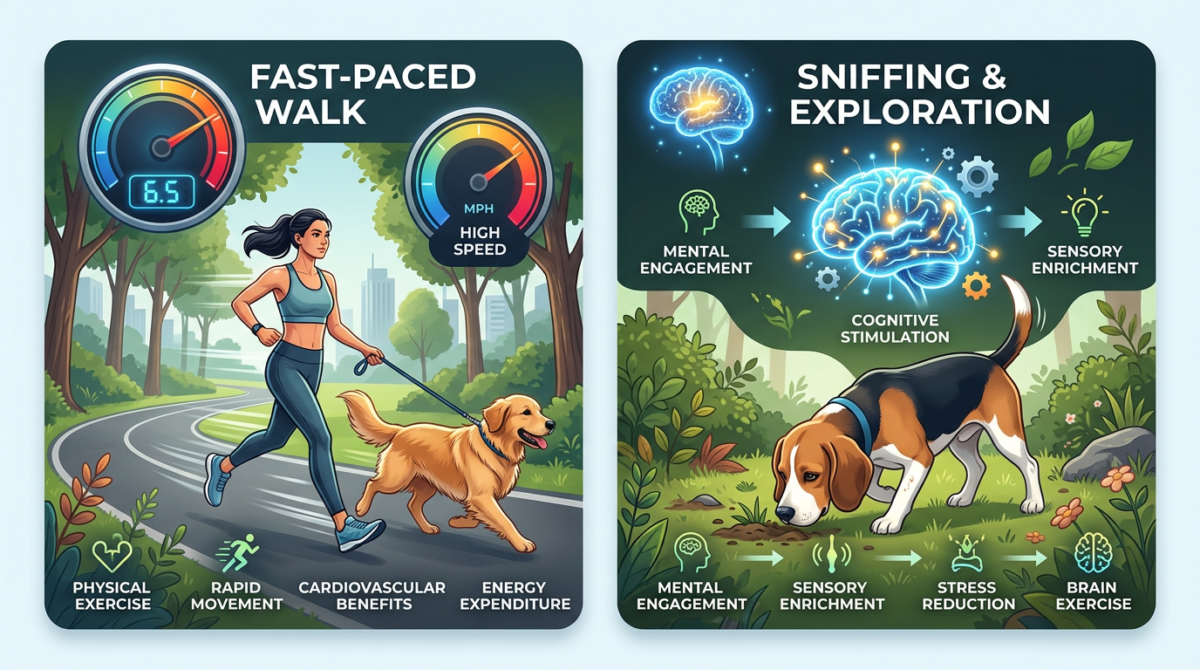 Comparison infographic showing a 'Standard Walk' (focus on speed) vs a 'Sniffari' (focus on mental stimulation and nose work)
