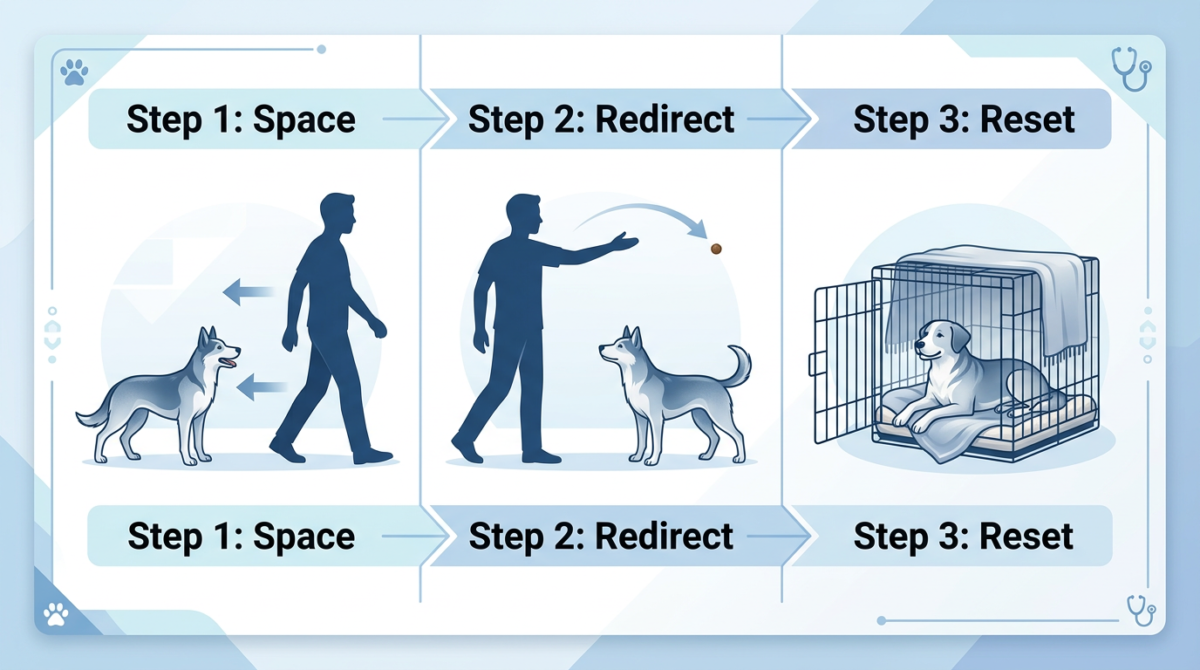 Three-step guide to de-escalating dog whale eye: Space, Redirect, and Reset.