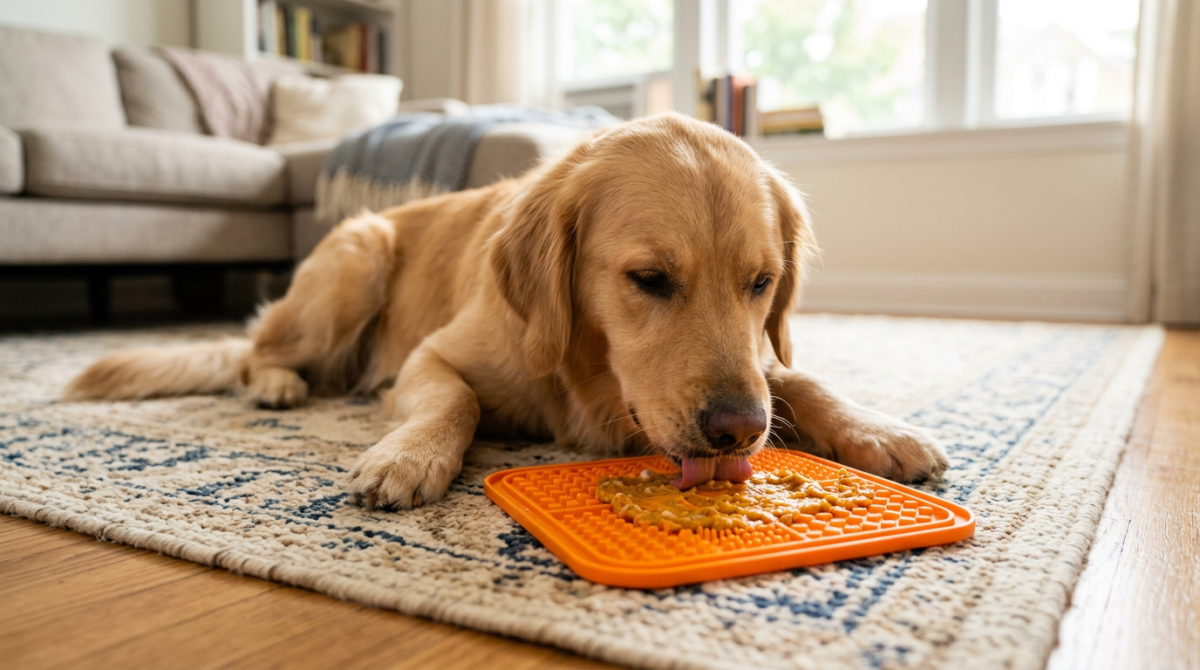 A calm dog focused on licking a silicone lick mat covered in pumpkin puree - Why do dogs lick