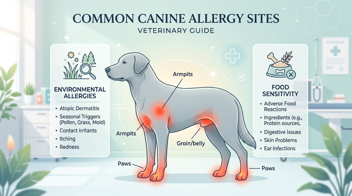 Diagram showing common areas dogs lick due to allergies including paws, belly, and ears - Why do dogs lick