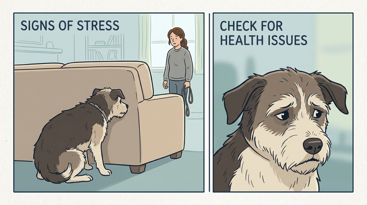 Visual guide showing a dog avoiding eye contact by turning its head and showing a submissive posture, labeled as "Guilt, Stress, or Discomfort"