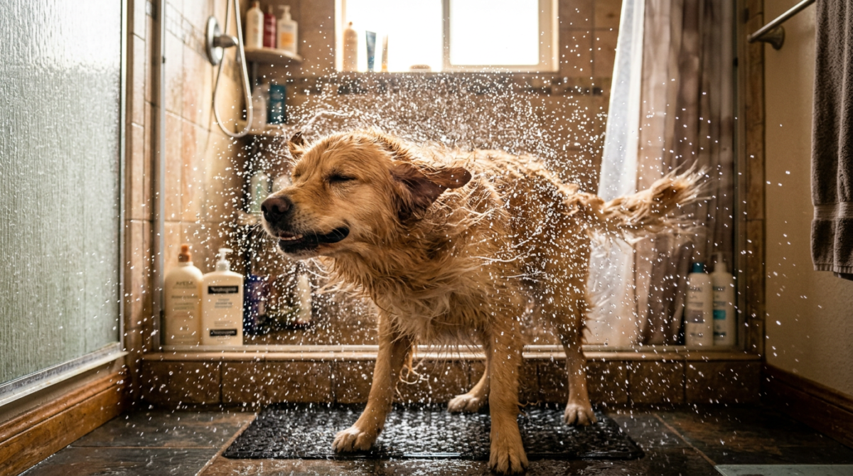 A wet dog shaking off water after a bath, illustrating a normal stress-release response.