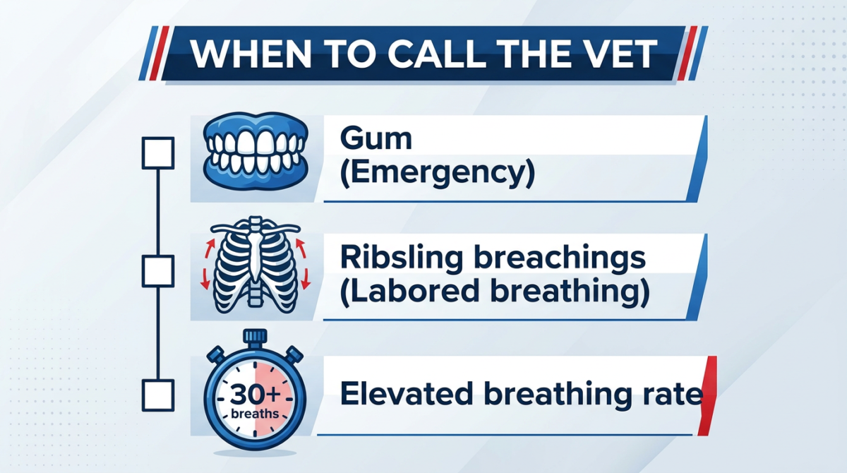 Visual summary of dog breathing emergency signs: blue gums, heaving belly, and raspy sounds.