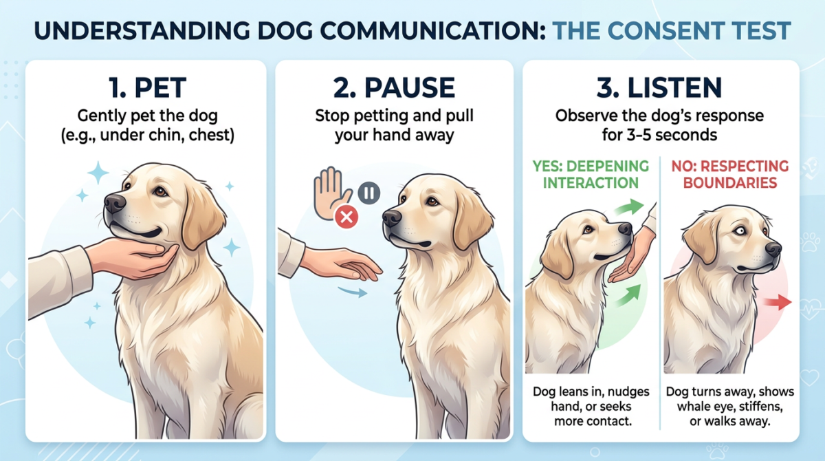 3-Step Dog Consent Test: Pet, Pause, and Observe for signals like whale eye.