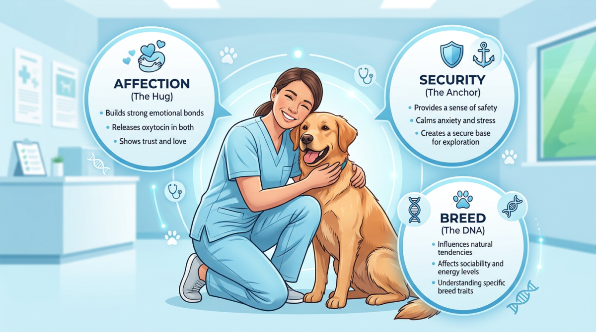 Summary infographic of dog leaning behavior: Affection, Security, and Breed Traits.