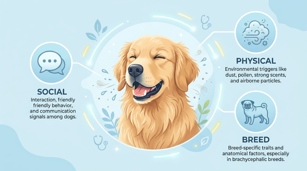 Summary Infographic: Three reasons for dog sneezing when playing - Social, Physical, and Breed related.