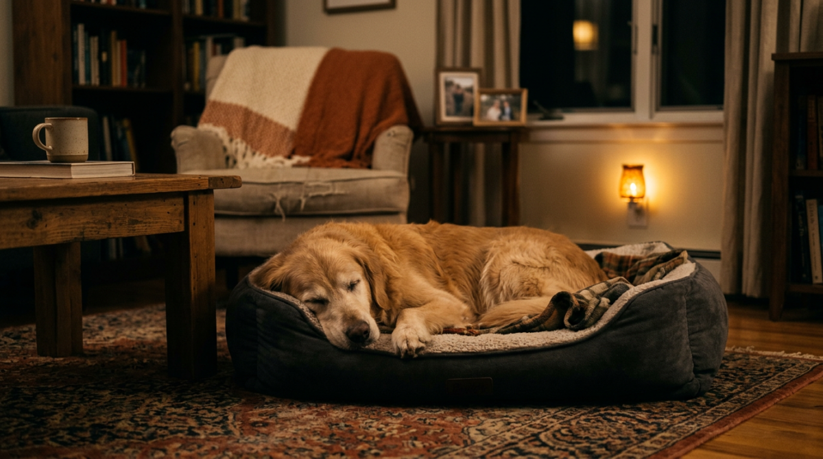 A senior dog resting calmly in a bed with a soft nightlight nearby, illustrating how to help with nighttime panting